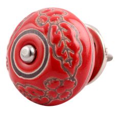 Red Leaf Flower Etched Ceramic Drawer Knob