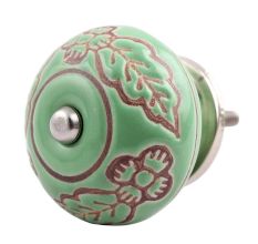 Pea Green Leaf Flower Etched Ceramic Drawer Knob