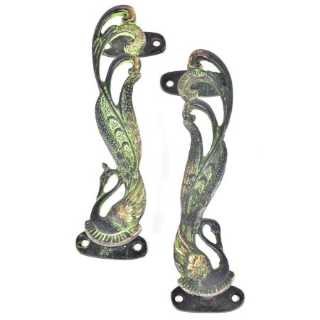 Brass Indian Peacock Door Handles With Patina(Set Of 2)