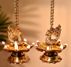 2 Pieces Brass Peacock 7 Wick Hanging Chain Diya