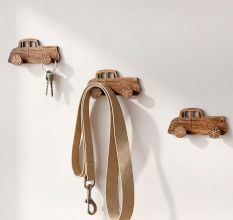 Natural Wooden Adhesive Car Design Wall Hooks-3 Pieces