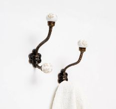 White Etched Ceramic Floral Iron Hooks-EHG-93 - Pack of 2
