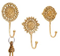 Brass Floral Pattern Pack of 3 Key Hooks for Wall
