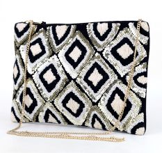 Black And White Ziptop Jacquard Cotton Clutch bag With Tassle