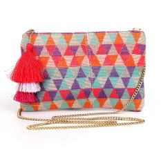Geometric Multicolor Jacquard Fabric Zipper Sling Bag